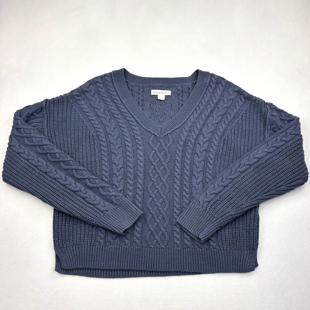 Aeropostale Sweater Womens Medium Blue Chunky Cable Knit V Neck Slouchy Pullover